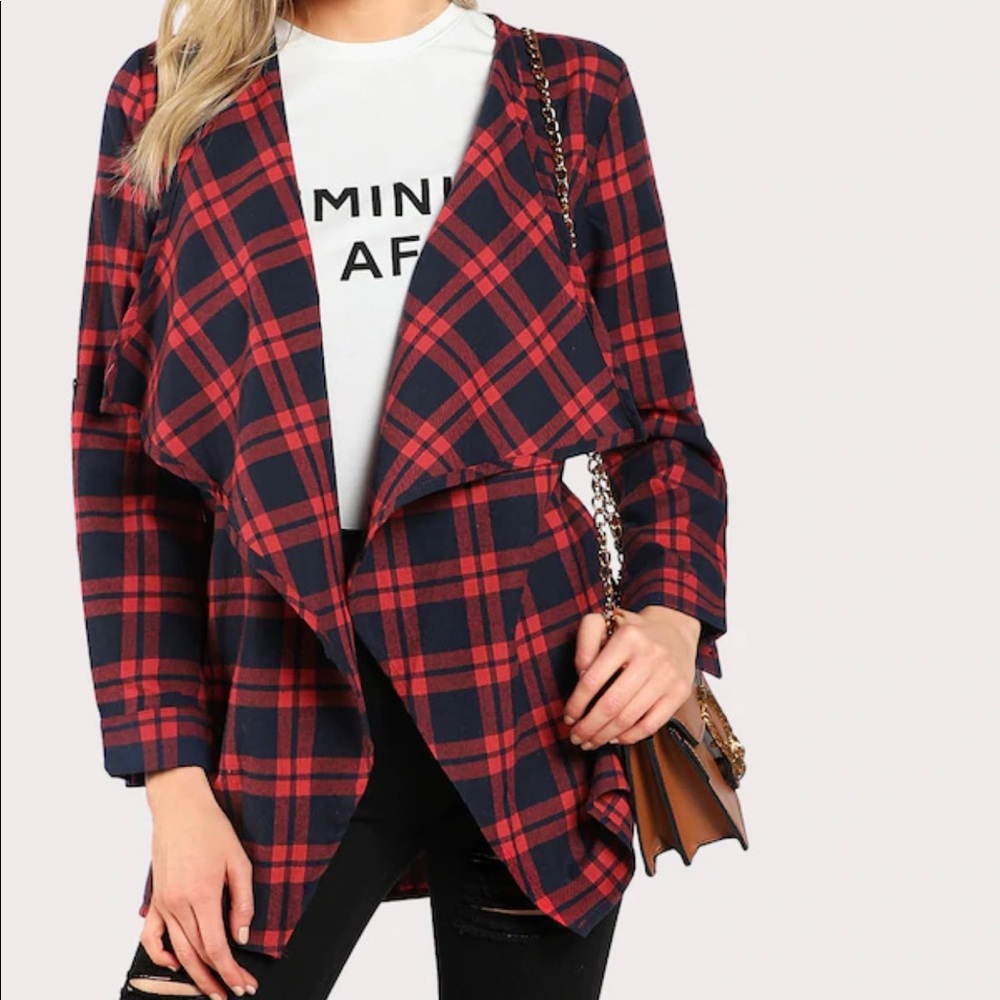 Plaid Waterfall Coat Jacket Red Navy Blue